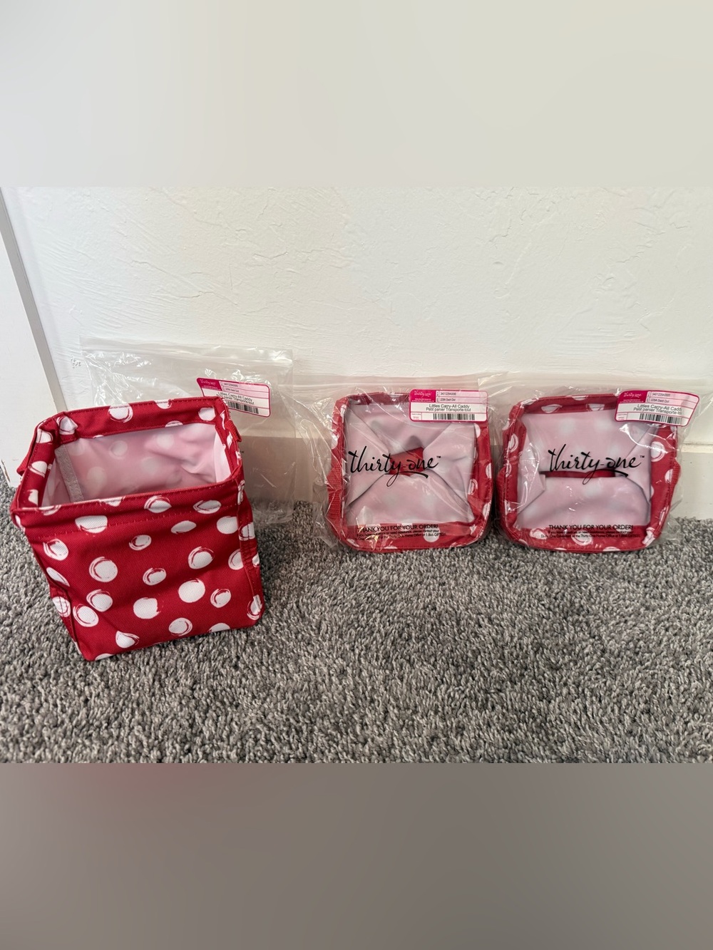 NIP-Set of 3-Thirty One Littles Carry-All Caddy in red Swirl Dot print.